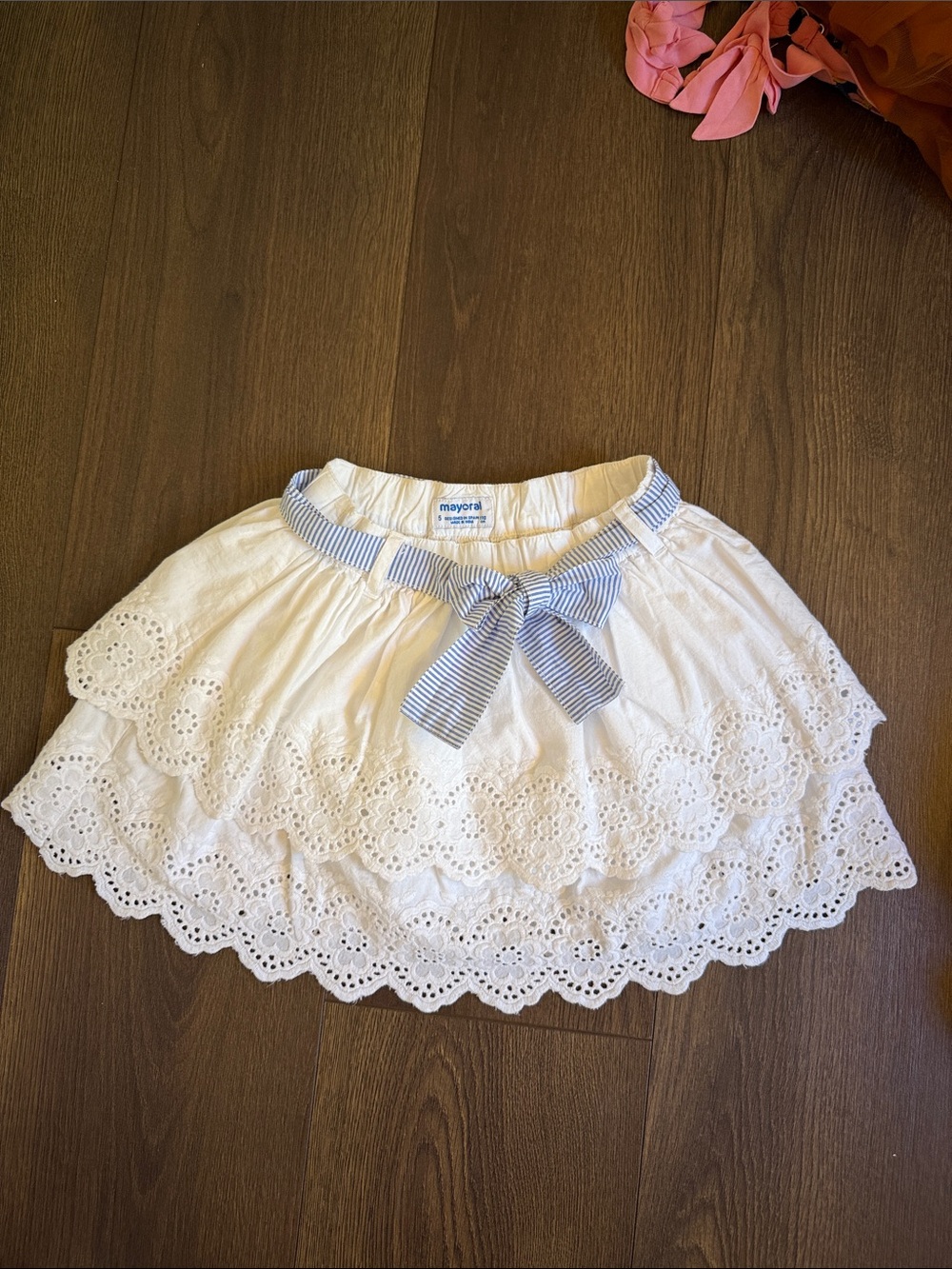 Mayoral White Eyelet Tiered Skirt with Blue-Striped Bow